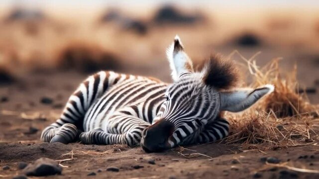 Baby zebra sleeping peacefully in the savannah
