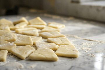 Freshly Cut Dough on a Marble Surface Bathed in Natural Light, Highlighting the Texture and Shape of Each Piece in a Cozy Kitchen Setting
