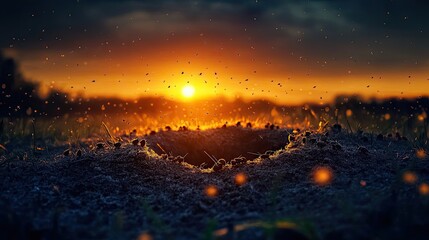 Obraz premium Sunset Anthill Insects Flying Golden Hour Landscape