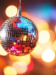 Obraz premium Discoball reflecting colorful lights at a lively event during the evening