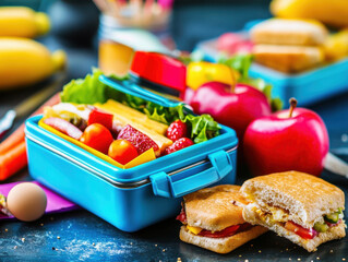 Colorful lunchboxes filled with fresh fruits and pastries on a rustic table in a cozy kitchen