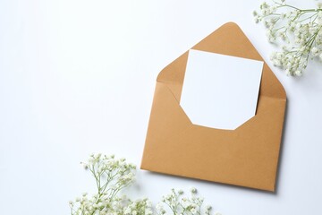 Top view photo with gypsophila flowers and paper envelope on white background 