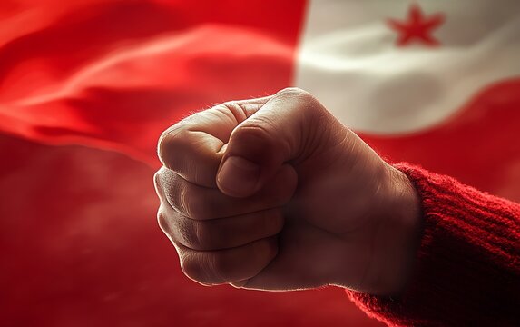 A clenched fist displays strength while holding the Peruvian flag, symbolizing patriotism and resilience in this striking image.