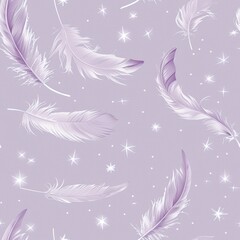 Soft purple feathers and silver stars adorn a calming light purple backdrop.