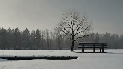 Minimalist winter scene with platform and trees.