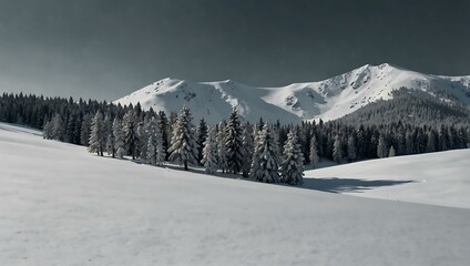 Fototapeta premium Minimalist winter scene with snowy trees and hills.