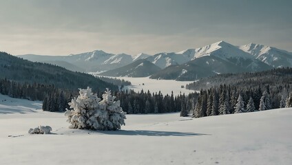 Obraz premium Minimalist winter scene with snowy trees and hills.
