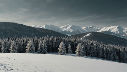 Minimalist winter scene with snowy trees and hills.