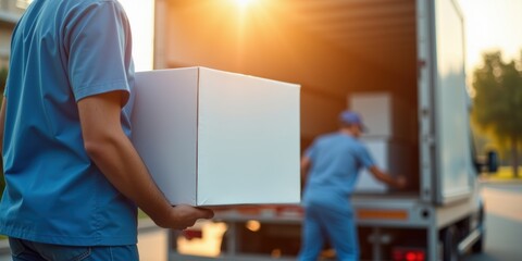 Medical professionals unloading boxes from a delivery truck, emphasizing efficient logistics in the healthcare sector for timely medical supply management.