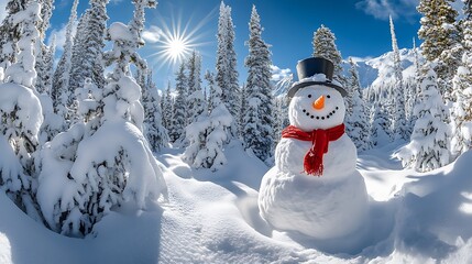 Obraz premium A cheerful snowman with a carrot nose wearing a red scarf and a top hat surrounded by snow-covered pine trees during a sunny winter day