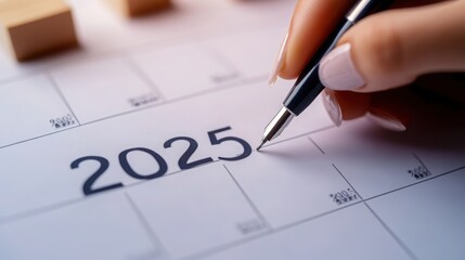 Front view of a female hand poised with a pen, about to circle "2025" on a large monthly calendar.