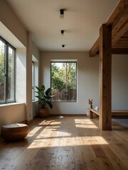 Fototapeta premium Minimalist yoga studio with natural light and wooden accents.