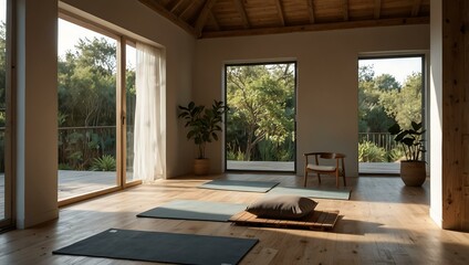 Fototapeta premium Minimalist yoga studio with natural light, wooden platform, and cushions.