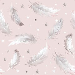 Delicate feathers and golden stars on a soft pink background create an enchanting ambiance.