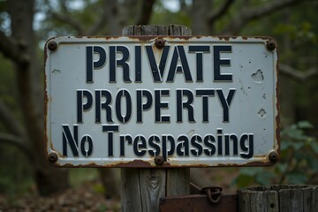 A vintage-style, weathered metal sign reading Private Property with No Trespassing below it in bold, block letters, embodying rustic signage design for boundary protection and property security