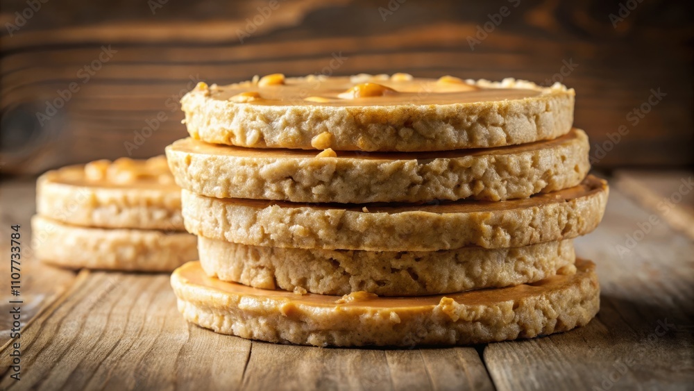 Poster a stack of crispy cookies with a sweet caramel topping, resting on a rustic wooden surface.