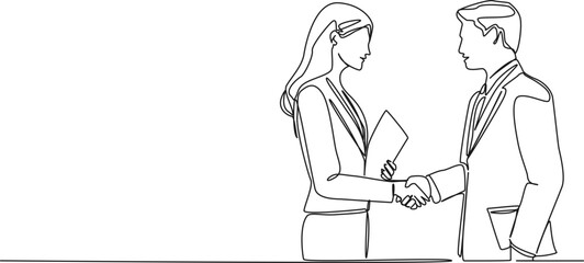 continuous single line drawing of businesswoman and businessman shaking hands, line art vector illustration