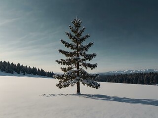 Fototapeta premium Minimalistic winter landscape with a snow-covered pine tree.