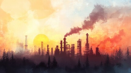 Fototapeta premium A silhouette of an industrial skyline at sunset, showcasing smokestacks and refineries against a colorful sky.