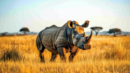 Obraz premium Majestic Rhino in African Savanna at Golden Hour
