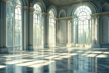 Fototapeta premium A spacious, sunlit interior with large windows and elegant architectural details.