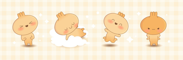 Set of kawaii style dumplings. Character of fun and cute asian dish. Food with different emotions. Vector cute checkered illustration.