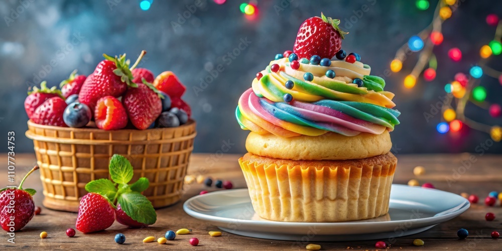 Poster a colorful cupcake with rainbow frosting and a single strawberry on top sits on a white plate, surro