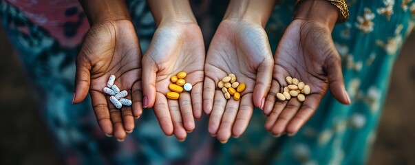 Diverse Hands Holding Prenatal Vitamins Embodying Community Care and Shared Wellness in Pregnancy