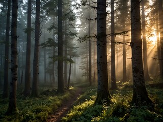 Fototapeta premium Misty forest clearing at golden hour with light beams.