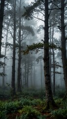 Obraz premium Misty forest at dawn with ethereal trees.