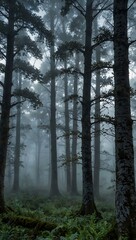 Obraz premium Misty forest at dawn with ethereal trees.