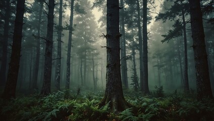 Fototapeta premium Misty forest in vintage retro style.