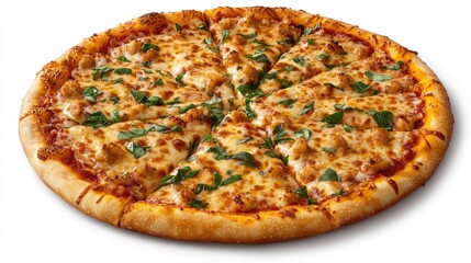 Golden, cheesy pizza with fresh basil and tomato sauce, isolated on white background for a savory Italian touch