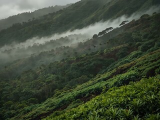 Obraz premium Misty green hills leading to Mamalahoa Forest, Oahu.