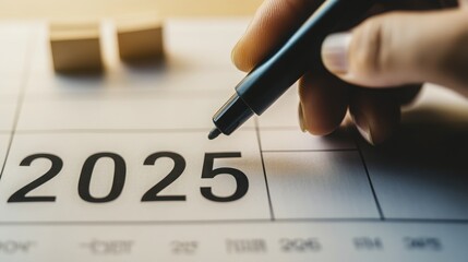 Front view of a hand gripping a black marker, underlining "2025" on a sleek, modern calendar.