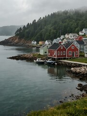 Misty harbor town with a coastal view.