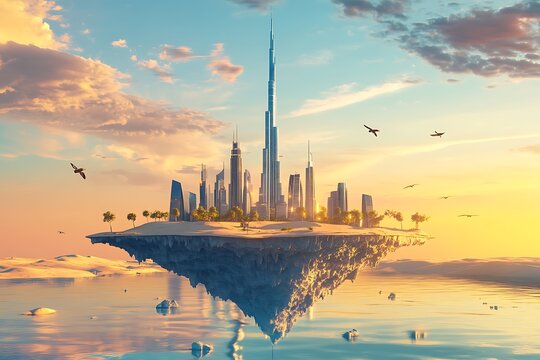 Stunning aerial view of a futuristic floating city above the clouds.