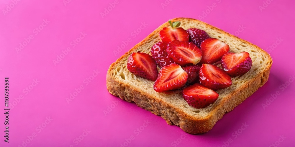 Poster a single slice of toasted bread topped with fresh strawberries against a vibrant pink backdrop