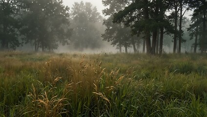 Misty meadow with tall grasses swaying softly.