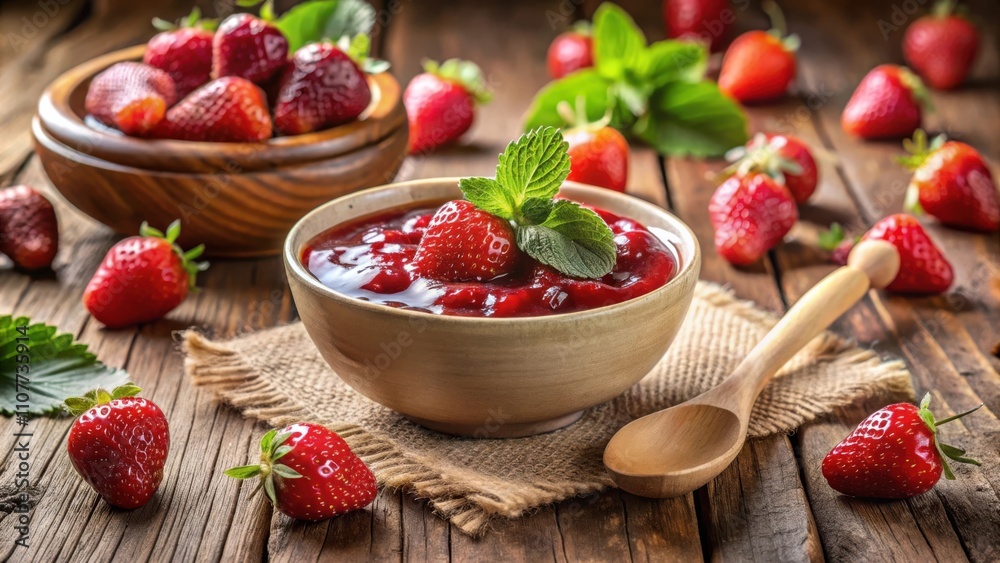 Poster a rustic wooden table with a bowl of fresh strawberry jam topped with a sprig of mint, surrounded by