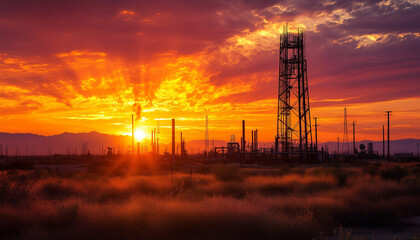structures on an oil field at sunset