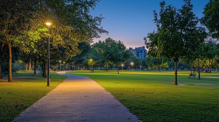 Obraz premium A serene park pathway illuminated by streetlights, surrounded by lush greenery at dusk, creating a tranquil atmosphere.