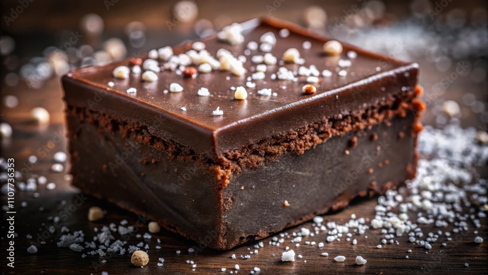 Poster a close-up of a decadent chocolate brownie with a smooth chocolate glaze and a sprinkle of white sug