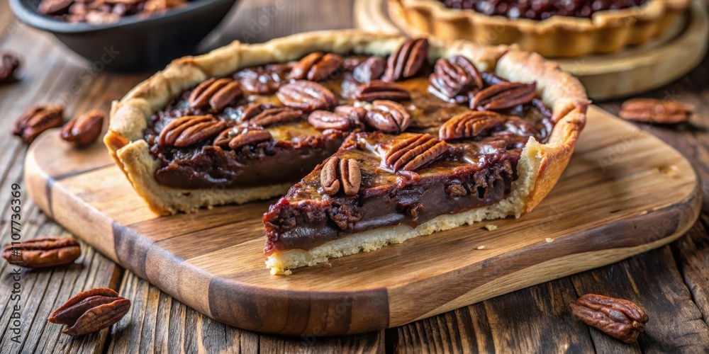 Poster a slice of pecan pie on a wooden cutting board with scattered pecans around it