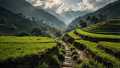 Obraz premium Misty mountain valley with rice terraces and path.