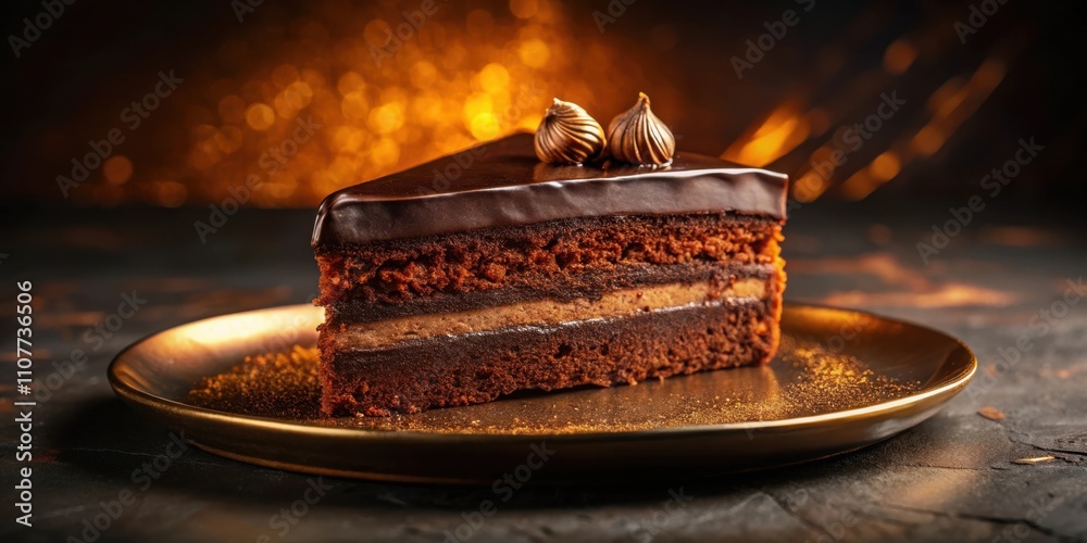 Poster a decadent chocolate cake slice with layers of rich ganache and chocolate sponge, presented on a gol