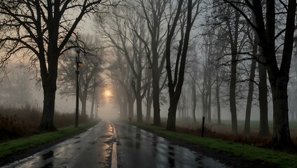 Fototapeta premium Misty road lined with trees at dusk.