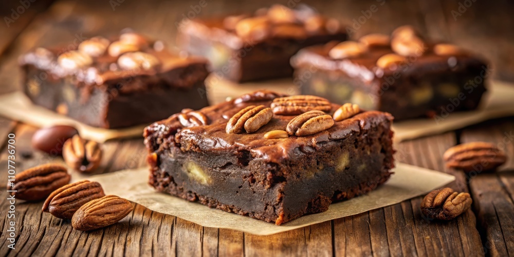 Poster a close-up of a decadent chocolate brownie topped with pecan nuts, displayed on a rustic wooden surf