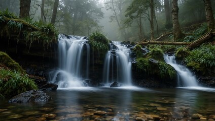 Naklejka premium Misty woodland waterfall.