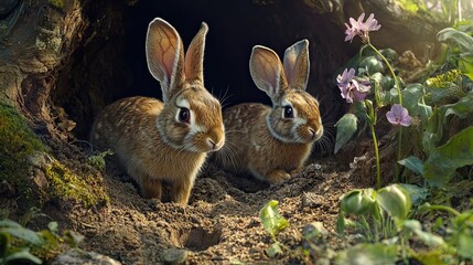 Obraz premium Two Brown Rabbits Resting Inside A Tree Burrow